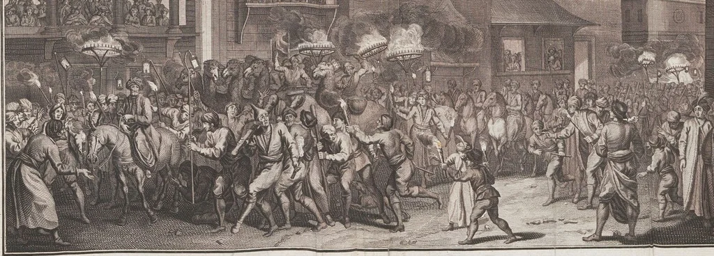 An illustration from Heilige Ceremonien, Gottes und Götzen-Dienste aller Völcker der Welt, Oder Eigentliche Vorstellung und summarischer Begriff, der vornehmsten Gottes-Dienstlichen Pflichten, Kirchen- und Tempel-Gebräuchen, der Christlich- und abgöttischen Völcker der gantzen Welt: Welche Nach des Berühmten Picarts Erfindung in Kupfer gestochen, und verlegt worden, 1748, leaf 167