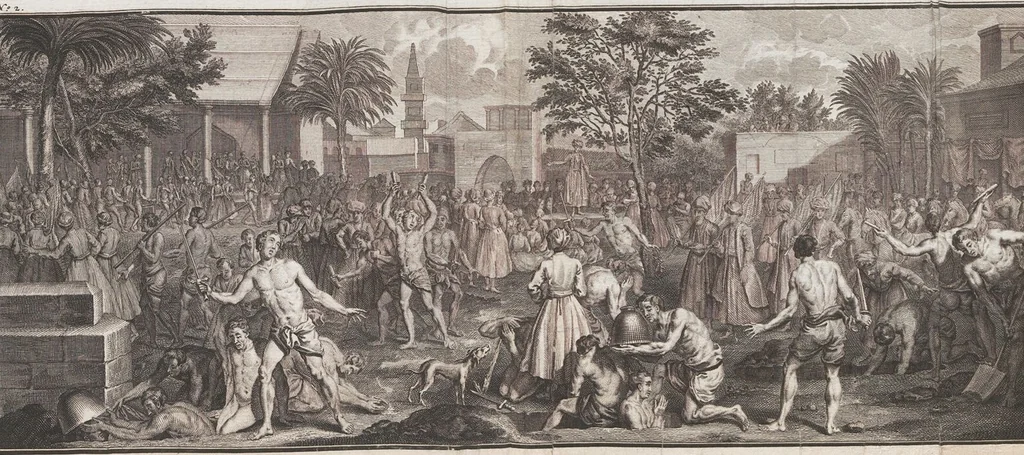 An illustration from Heilige Ceremonien, Gottes und Götzen-Dienste aller Völcker der Welt, Oder Eigentliche Vorstellung und summarischer Begriff, der vornehmsten Gottes-Dienstlichen Pflichten, Kirchen- und Tempel-Gebräuchen, der Christlich- und abgöttischen Völcker der gantzen Welt: Welche Nach des Berühmten Picarts Erfindung in Kupfer gestochen, und verlegt worden, 1748, leaf 167