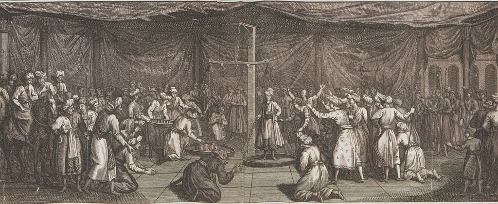 An illustration from Heilige Ceremonien, Gottes und Götzen-Dienste aller Völcker der Welt, Oder Eigentliche Vorstellung und summarischer Begriff, der vornehmsten Gottes-Dienstlichen Pflichten, Kirchen- und Tempel-Gebräuchen, der Christlich- und abgöttischen Völcker der gantzen Welt: Welche Nach des Berühmten Picarts Erfindung in Kupfer gestochen, und verlegt worden, 1748, leaf 168
