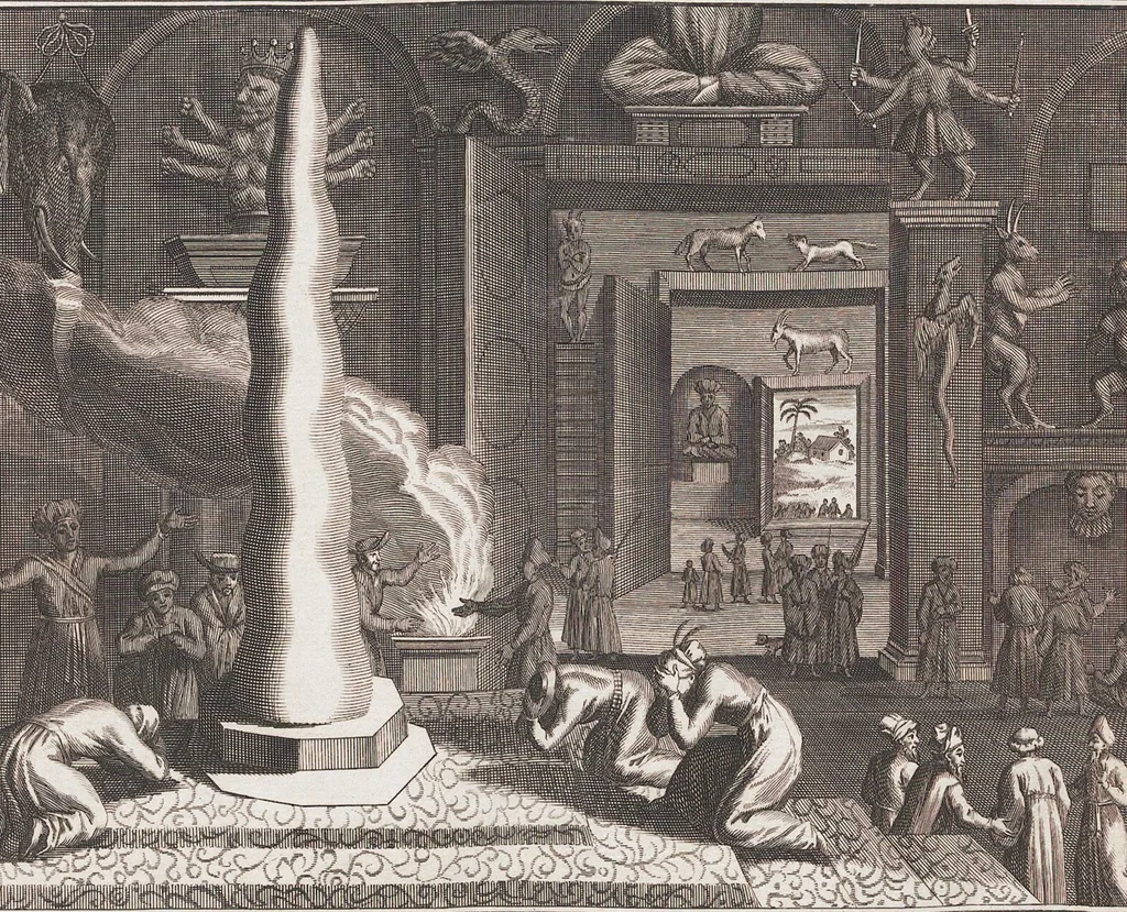 An illustration from Heilige Ceremonien, Gottes und Götzen-Dienste aller Völcker der Welt, Oder Eigentliche Vorstellung und summarischer Begriff, der vornehmsten Gottes-Dienstlichen Pflichten, Kirchen- und Tempel-Gebräuchen, der Christlich- und abgöttischen Völcker der gantzen Welt: Welche Nach des Berühmten Picarts Erfindung in Kupfer gestochen, und verlegt worden, 1748, leaf 178