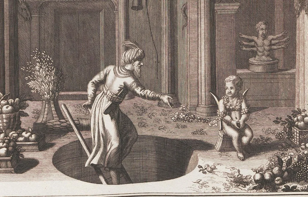 An illustration from Heilige Ceremonien, Gottes und Götzen-Dienste aller Völcker der Welt, Oder Eigentliche Vorstellung und summarischer Begriff, der vornehmsten Gottes-Dienstlichen Pflichten, Kirchen- und Tempel-Gebräuchen, der Christlich- und abgöttischen Völcker der gantzen Welt: Welche Nach des Berühmten Picarts Erfindung in Kupfer gestochen, und verlegt worden, 1748, leaf 180