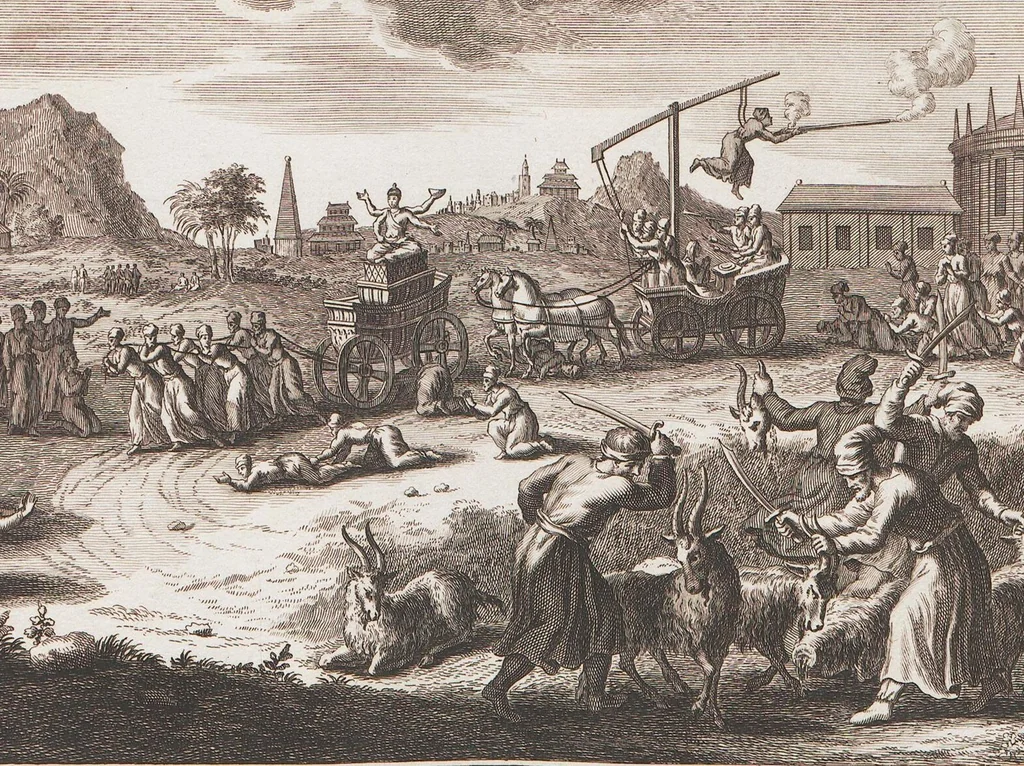 An illustration from Heilige Ceremonien, Gottes und Götzen-Dienste aller Völcker der Welt, Oder Eigentliche Vorstellung und summarischer Begriff, der vornehmsten Gottes-Dienstlichen Pflichten, Kirchen- und Tempel-Gebräuchen, der Christlich- und abgöttischen Völcker der gantzen Welt: Welche Nach des Berühmten Picarts Erfindung in Kupfer gestochen, und verlegt worden, 1748, leaf 183