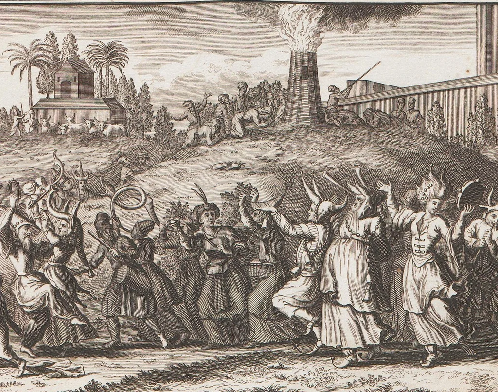 An illustration from Heilige Ceremonien, Gottes und Götzen-Dienste aller Völcker der Welt, Oder Eigentliche Vorstellung und summarischer Begriff, der vornehmsten Gottes-Dienstlichen Pflichten, Kirchen- und Tempel-Gebräuchen, der Christlich- und abgöttischen Völcker der gantzen Welt: Welche Nach des Berühmten Picarts Erfindung in Kupfer gestochen, und verlegt worden, 1748, leaf 183