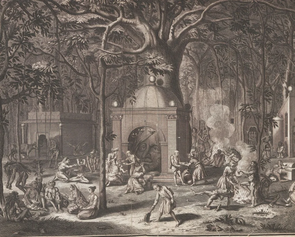 An illustration from Heilige Ceremonien, Gottes und Götzen-Dienste aller Völcker der Welt, Oder Eigentliche Vorstellung und summarischer Begriff, der vornehmsten Gottes-Dienstlichen Pflichten, Kirchen- und Tempel-Gebräuchen, der Christlich- und abgöttischen Völcker der gantzen Welt: Welche Nach des Berühmten Picarts Erfindung in Kupfer gestochen, und verlegt worden, 1748, leaf 184