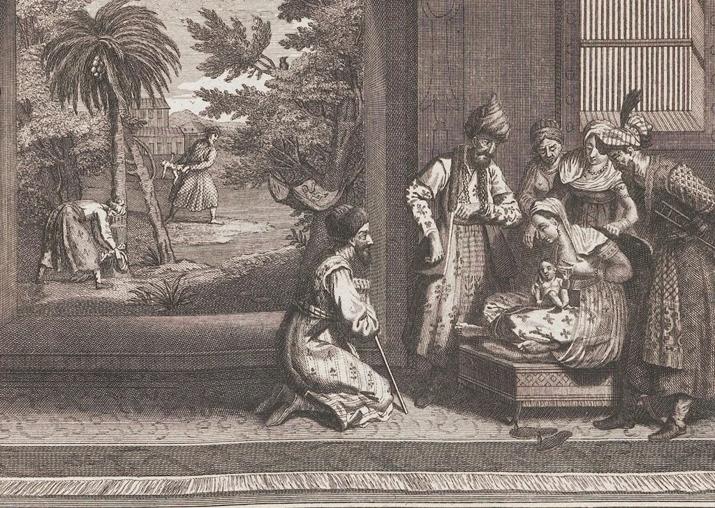 An illustration from Heilige Ceremonien, Gottes und Götzen-Dienste aller Völcker der Welt, Oder Eigentliche Vorstellung und summarischer Begriff, der vornehmsten Gottes-Dienstlichen Pflichten, Kirchen- und Tempel-Gebräuchen, der Christlich- und abgöttischen Völcker der gantzen Welt: Welche Nach des Berühmten Picarts Erfindung in Kupfer gestochen, und verlegt worden, 1748, leaf 185