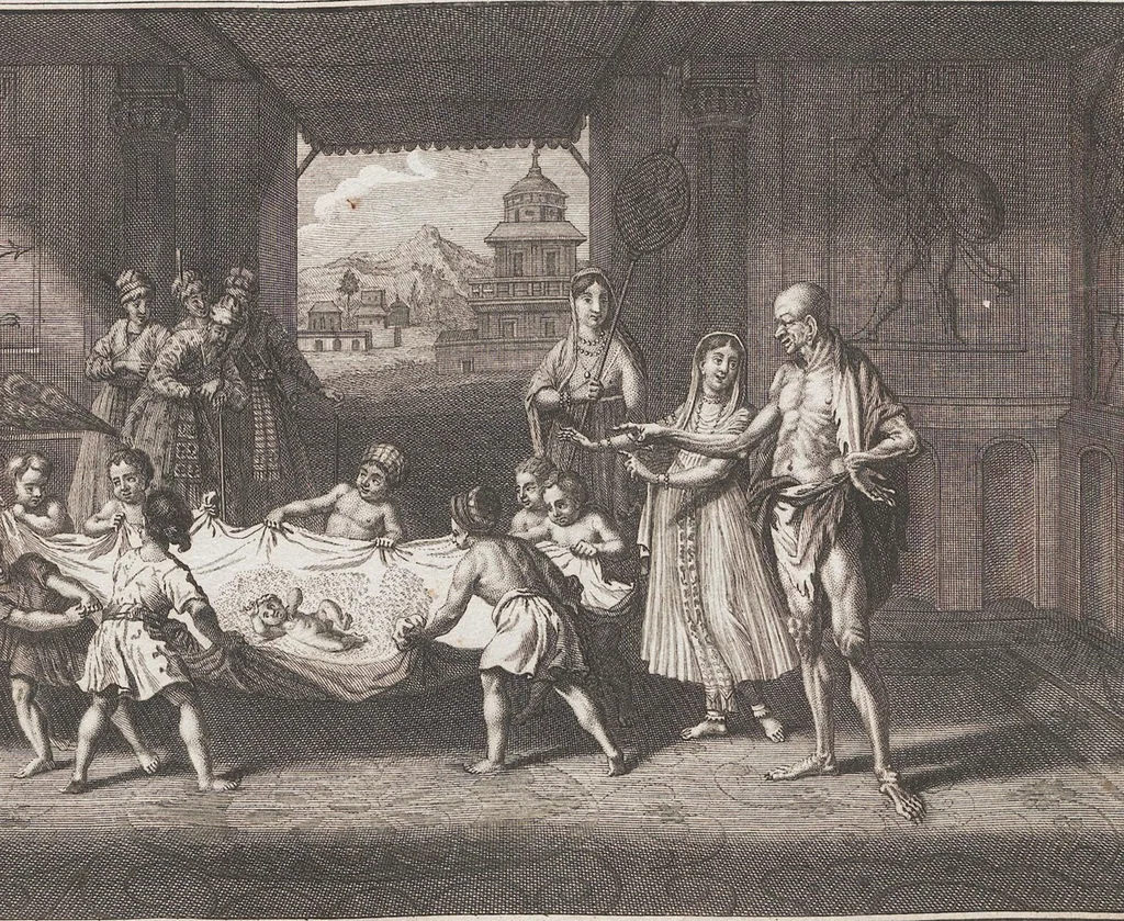 An illustration from Heilige Ceremonien, Gottes und Götzen-Dienste aller Völcker der Welt, Oder Eigentliche Vorstellung und summarischer Begriff, der vornehmsten Gottes-Dienstlichen Pflichten, Kirchen- und Tempel-Gebräuchen, der Christlich- und abgöttischen Völcker der gantzen Welt: Welche Nach des Berühmten Picarts Erfindung in Kupfer gestochen, und verlegt worden, 1748, leaf 185