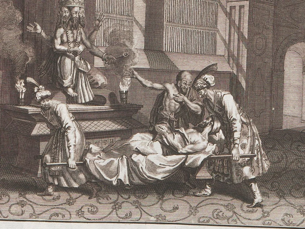 An illustration from Heilige Ceremonien, Gottes und Götzen-Dienste aller Völcker der Welt, Oder Eigentliche Vorstellung und summarischer Begriff, der vornehmsten Gottes-Dienstlichen Pflichten, Kirchen- und Tempel-Gebräuchen, der Christlich- und abgöttischen Völcker der gantzen Welt: Welche Nach des Berühmten Picarts Erfindung in Kupfer gestochen, und verlegt worden, 1748, leaf 187