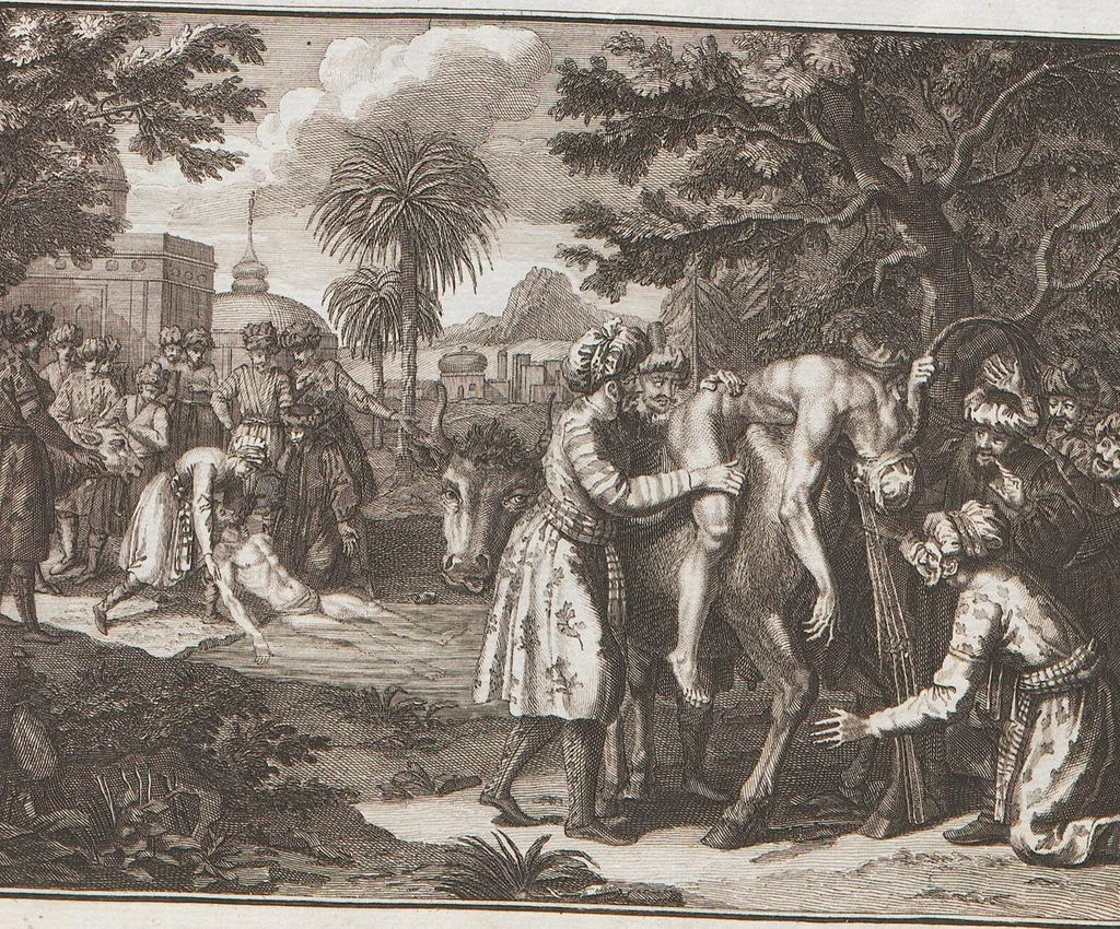 An illustration from Heilige Ceremonien, Gottes und Götzen-Dienste aller Völcker der Welt, Oder Eigentliche Vorstellung und summarischer Begriff, der vornehmsten Gottes-Dienstlichen Pflichten, Kirchen- und Tempel-Gebräuchen, der Christlich- und abgöttischen Völcker der gantzen Welt: Welche Nach des Berühmten Picarts Erfindung in Kupfer gestochen, und verlegt worden, 1748, leaf 187