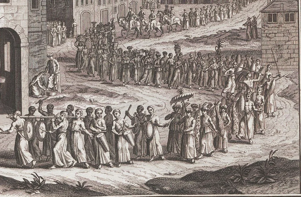 An illustration from Heilige Ceremonien, Gottes und Götzen-Dienste aller Völcker der Welt, Oder Eigentliche Vorstellung und summarischer Begriff, der vornehmsten Gottes-Dienstlichen Pflichten, Kirchen- und Tempel-Gebräuchen, der Christlich- und abgöttischen Völcker der gantzen Welt: Welche Nach des Berühmten Picarts Erfindung in Kupfer gestochen, und verlegt worden, 1748, leaf 197