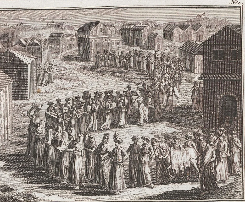 An illustration from Heilige Ceremonien, Gottes und Götzen-Dienste aller Völcker der Welt, Oder Eigentliche Vorstellung und summarischer Begriff, der vornehmsten Gottes-Dienstlichen Pflichten, Kirchen- und Tempel-Gebräuchen, der Christlich- und abgöttischen Völcker der gantzen Welt: Welche Nach des Berühmten Picarts Erfindung in Kupfer gestochen, und verlegt worden, 1748, leaf 197