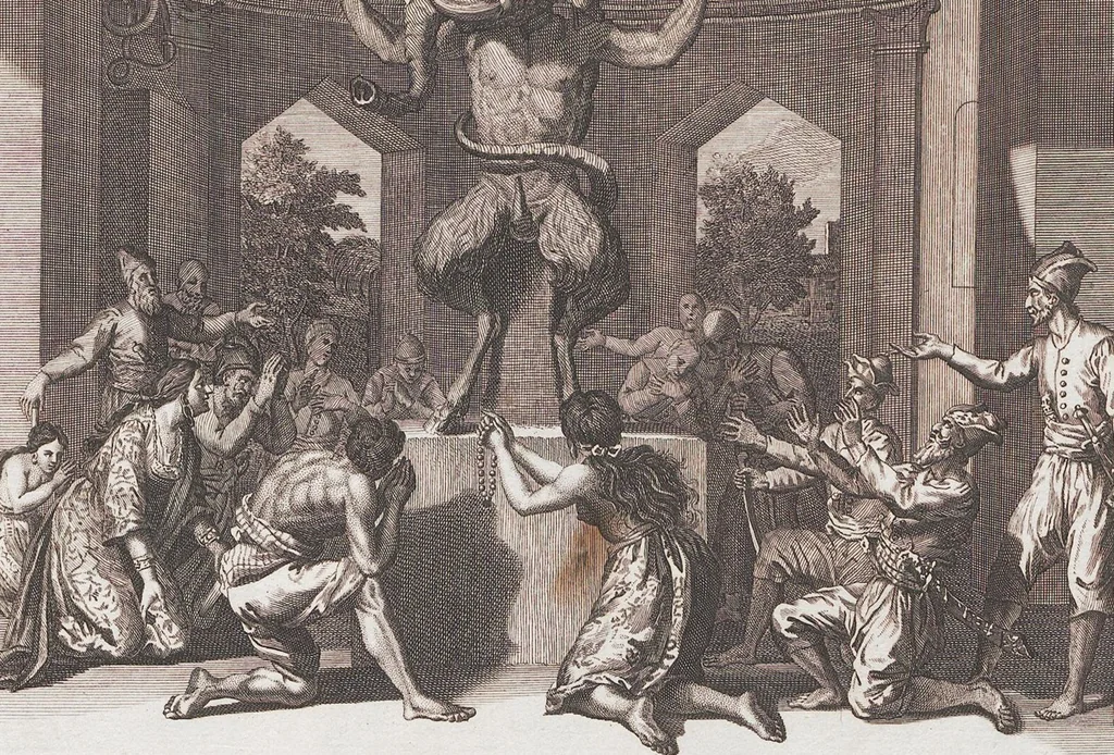 An illustration from Heilige Ceremonien, Gottes und Götzen-Dienste aller Völcker der Welt, Oder Eigentliche Vorstellung und summarischer Begriff, der vornehmsten Gottes-Dienstlichen Pflichten, Kirchen- und Tempel-Gebräuchen, der Christlich- und abgöttischen Völcker der gantzen Welt: Welche Nach des Berühmten Picarts Erfindung in Kupfer gestochen, und verlegt worden, 1748, leaf 198