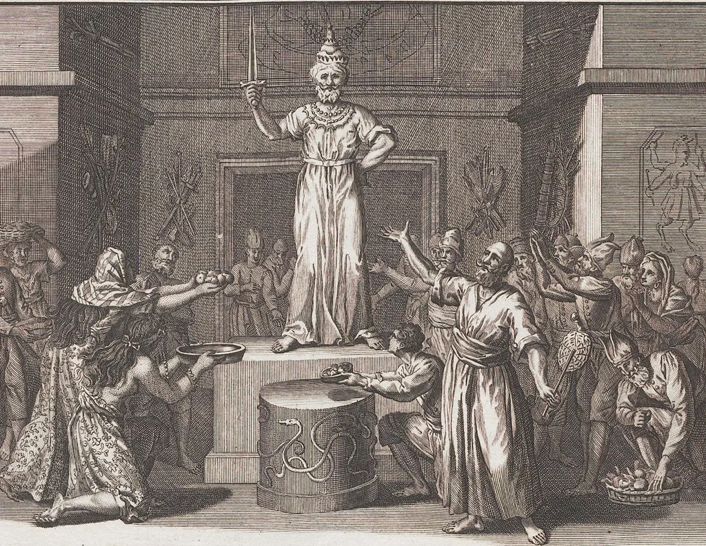 An illustration from Heilige Ceremonien, Gottes und Götzen-Dienste aller Völcker der Welt, Oder Eigentliche Vorstellung und summarischer Begriff, der vornehmsten Gottes-Dienstlichen Pflichten, Kirchen- und Tempel-Gebräuchen, der Christlich- und abgöttischen Völcker der gantzen Welt: Welche Nach des Berühmten Picarts Erfindung in Kupfer gestochen, und verlegt worden, 1748, leaf 198
