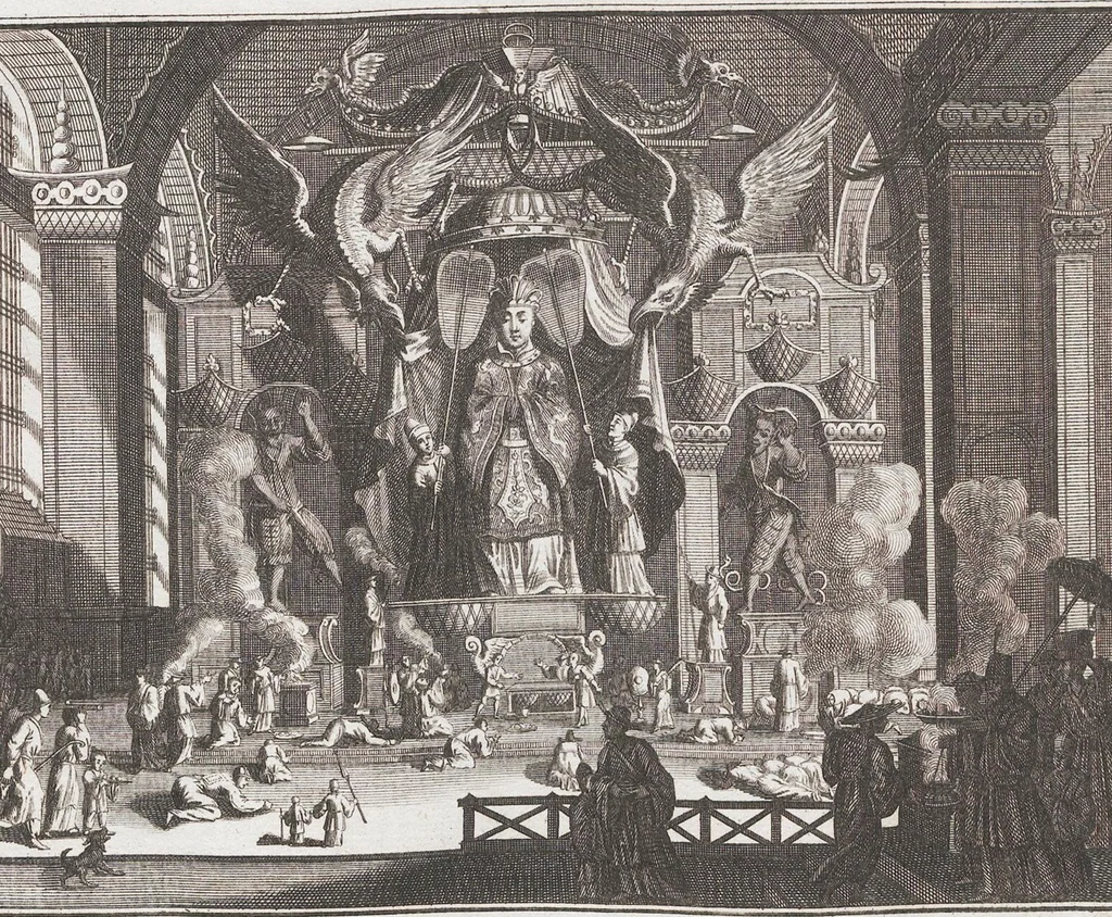 An illustration from Heilige Ceremonien, Gottes und Götzen-Dienste aller Völcker der Welt, Oder Eigentliche Vorstellung und summarischer Begriff, der vornehmsten Gottes-Dienstlichen Pflichten, Kirchen- und Tempel-Gebräuchen, der Christlich- und abgöttischen Völcker der gantzen Welt: Welche Nach des Berühmten Picarts Erfindung in Kupfer gestochen, und verlegt worden, 1748, leaf 204