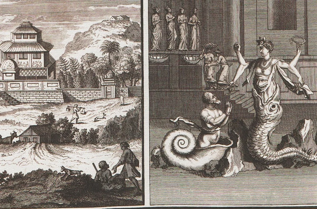 An illustration from Heilige Ceremonien, Gottes und Götzen-Dienste aller Völcker der Welt, Oder Eigentliche Vorstellung und summarischer Begriff, der vornehmsten Gottes-Dienstlichen Pflichten, Kirchen- und Tempel-Gebräuchen, der Christlich- und abgöttischen Völcker der gantzen Welt: Welche Nach des Berühmten Picarts Erfindung in Kupfer gestochen, und verlegt worden, 1748, leaf 214