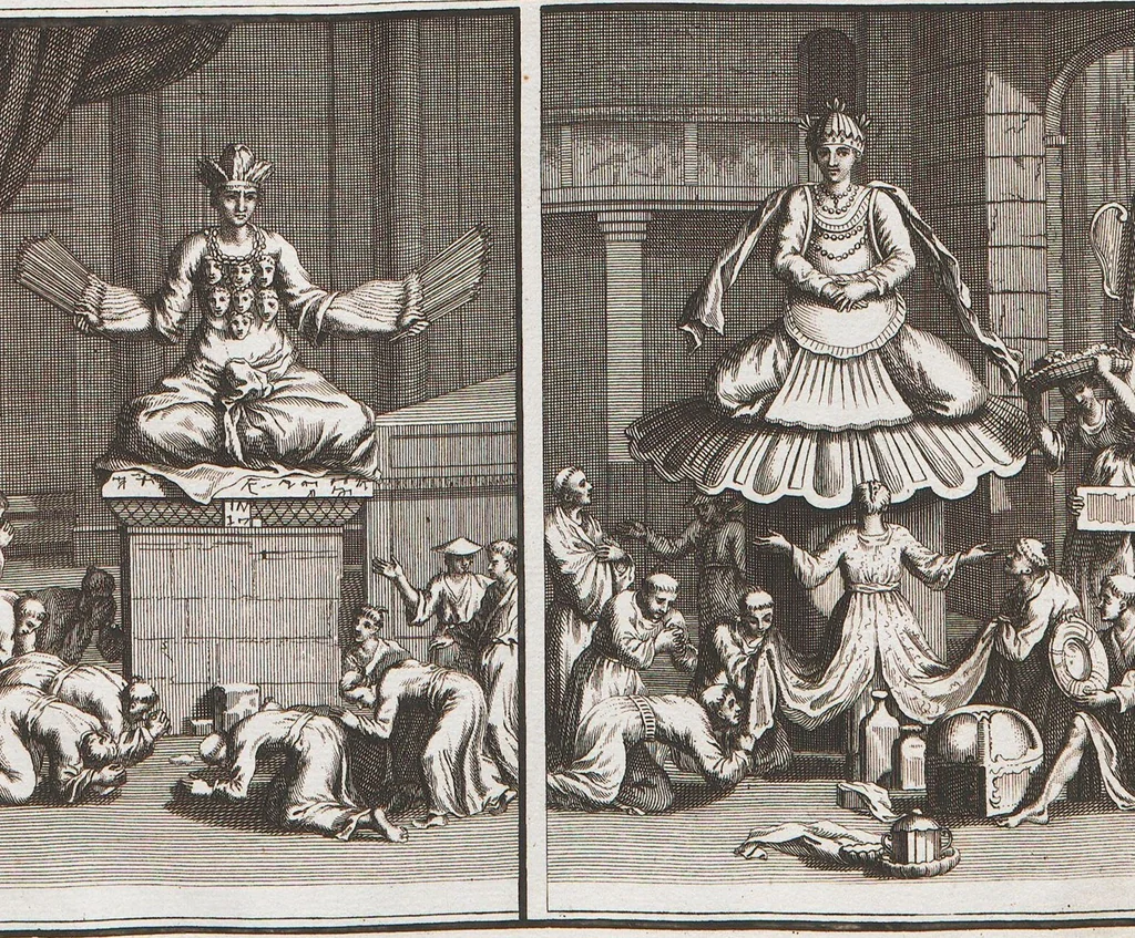An illustration from Heilige Ceremonien, Gottes und Götzen-Dienste aller Völcker der Welt, Oder Eigentliche Vorstellung und summarischer Begriff, der vornehmsten Gottes-Dienstlichen Pflichten, Kirchen- und Tempel-Gebräuchen, der Christlich- und abgöttischen Völcker der gantzen Welt: Welche Nach des Berühmten Picarts Erfindung in Kupfer gestochen, und verlegt worden, 1748, leaf 214