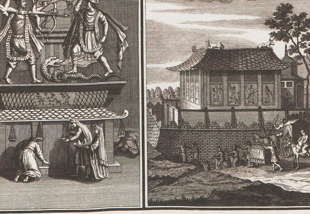 An illustration from Heilige Ceremonien, Gottes und Götzen-Dienste aller Völcker der Welt, Oder Eigentliche Vorstellung und summarischer Begriff, der vornehmsten Gottes-Dienstlichen Pflichten, Kirchen- und Tempel-Gebräuchen, der Christlich- und abgöttischen Völcker der gantzen Welt: Welche Nach des Berühmten Picarts Erfindung in Kupfer gestochen, und verlegt worden, 1748, leaf 215