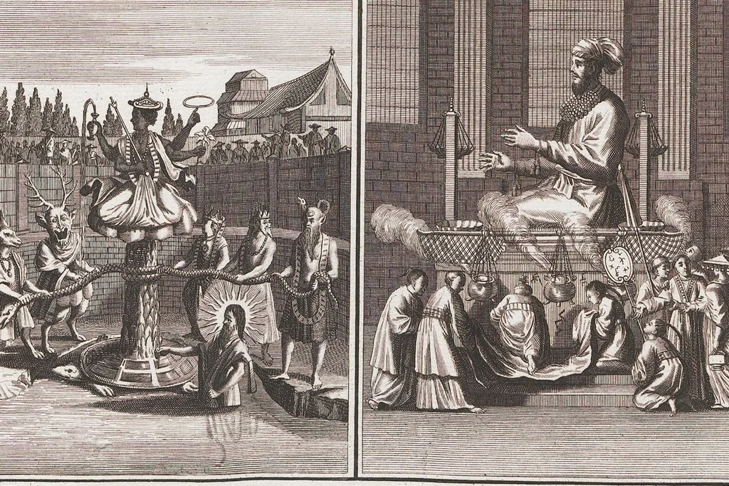 An illustration from Heilige Ceremonien, Gottes und Götzen-Dienste aller Völcker der Welt, Oder Eigentliche Vorstellung und summarischer Begriff, der vornehmsten Gottes-Dienstlichen Pflichten, Kirchen- und Tempel-Gebräuchen, der Christlich- und abgöttischen Völcker der gantzen Welt: Welche Nach des Berühmten Picarts Erfindung in Kupfer gestochen, und verlegt worden, 1748, leaf 216