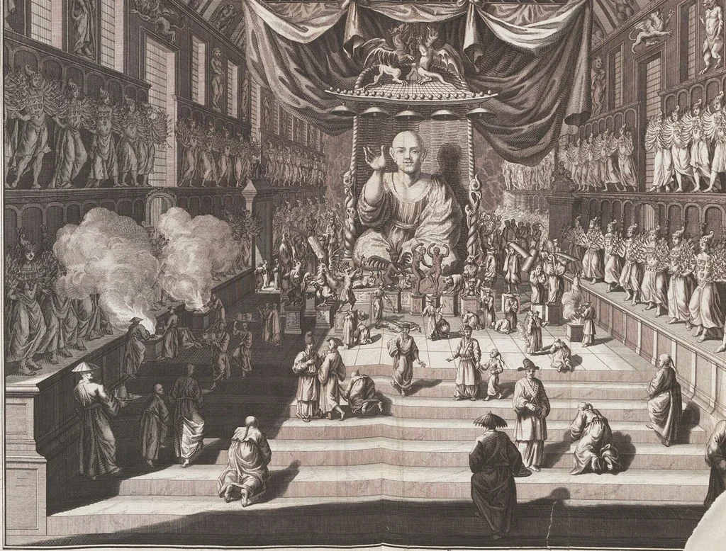 An illustration from Heilige Ceremonien, Gottes und Götzen-Dienste aller Völcker der Welt, Oder Eigentliche Vorstellung und summarischer Begriff, der vornehmsten Gottes-Dienstlichen Pflichten, Kirchen- und Tempel-Gebräuchen, der Christlich- und abgöttischen Völcker der gantzen Welt: Welche Nach des Berühmten Picarts Erfindung in Kupfer gestochen, und verlegt worden, 1748, leaf 219