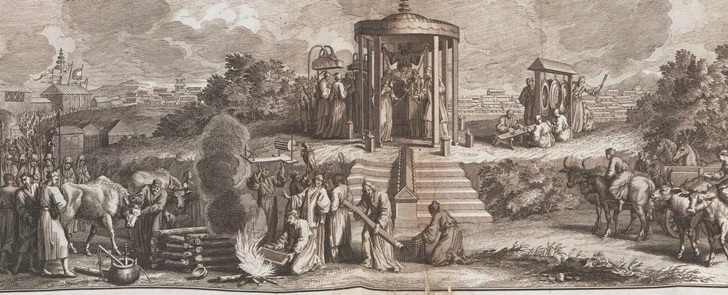 An illustration from Heilige Ceremonien, Gottes und Götzen-Dienste aller Völcker der Welt, Oder Eigentliche Vorstellung und summarischer Begriff, der vornehmsten Gottes-Dienstlichen Pflichten, Kirchen- und Tempel-Gebräuchen, der Christlich- und abgöttischen Völcker der gantzen Welt: Welche Nach des Berühmten Picarts Erfindung in Kupfer gestochen, und verlegt worden, 1748, leaf 223