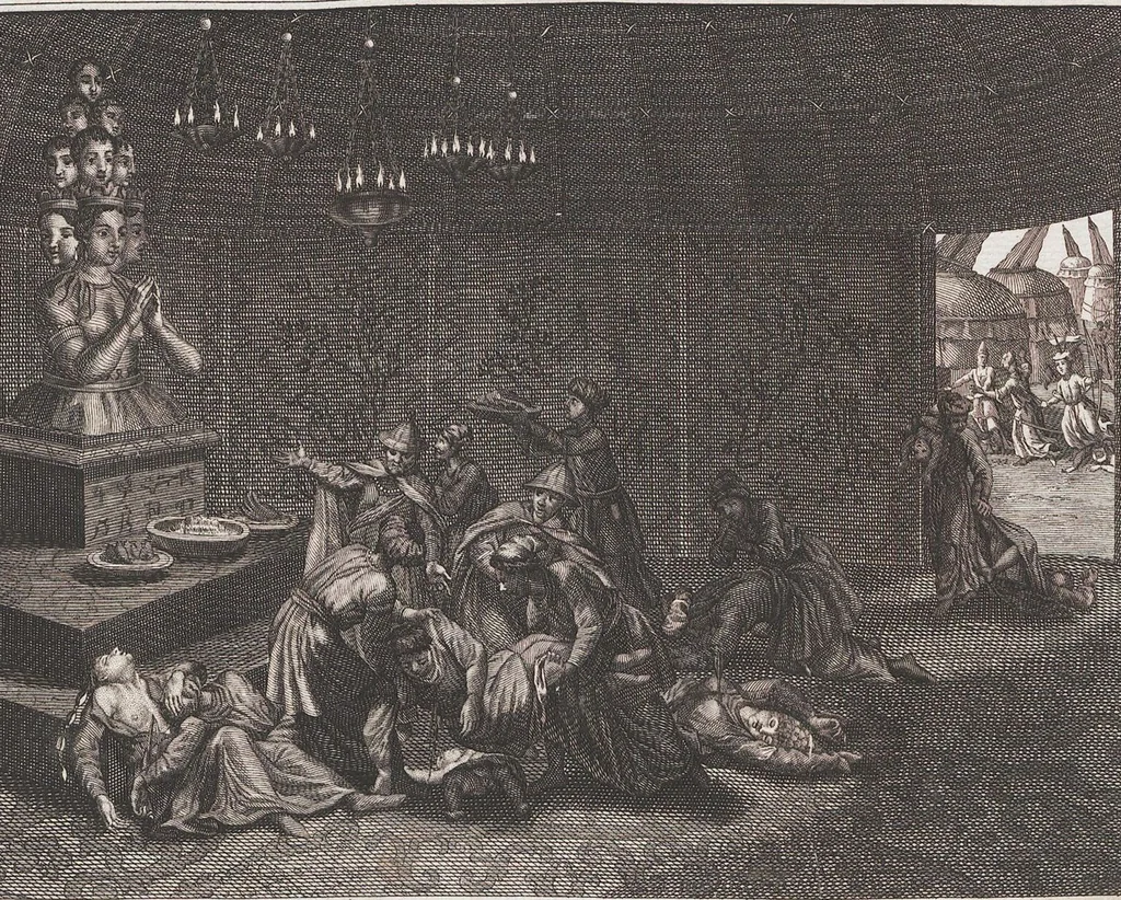An illustration from Heilige Ceremonien, Gottes und Götzen-Dienste aller Völcker der Welt, Oder Eigentliche Vorstellung und summarischer Begriff, der vornehmsten Gottes-Dienstlichen Pflichten, Kirchen- und Tempel-Gebräuchen, der Christlich- und abgöttischen Völcker der gantzen Welt: Welche Nach des Berühmten Picarts Erfindung in Kupfer gestochen, und verlegt worden, 1748, leaf 226