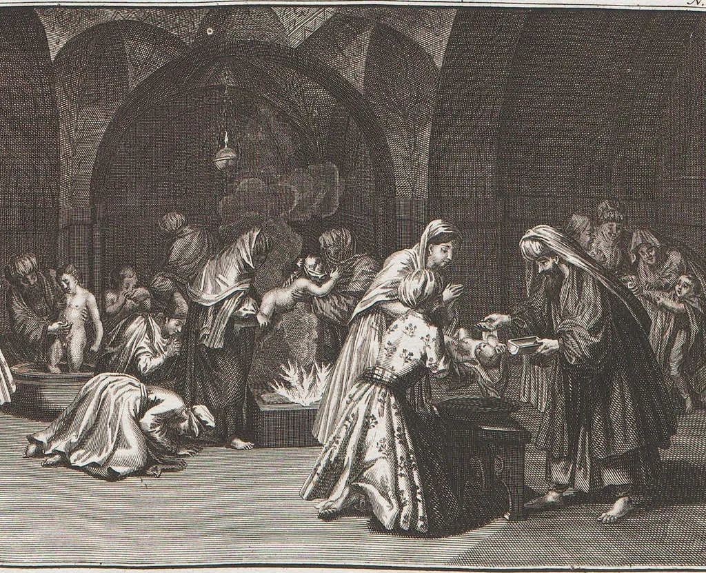 An illustration from Heilige Ceremonien, Gottes und Götzen-Dienste aller Völcker der Welt, Oder Eigentliche Vorstellung und summarischer Begriff, der vornehmsten Gottes-Dienstlichen Pflichten, Kirchen- und Tempel-Gebräuchen, der Christlich- und abgöttischen Völcker der gantzen Welt: Welche Nach des Berühmten Picarts Erfindung in Kupfer gestochen, und verlegt worden, 1748, leaf 232