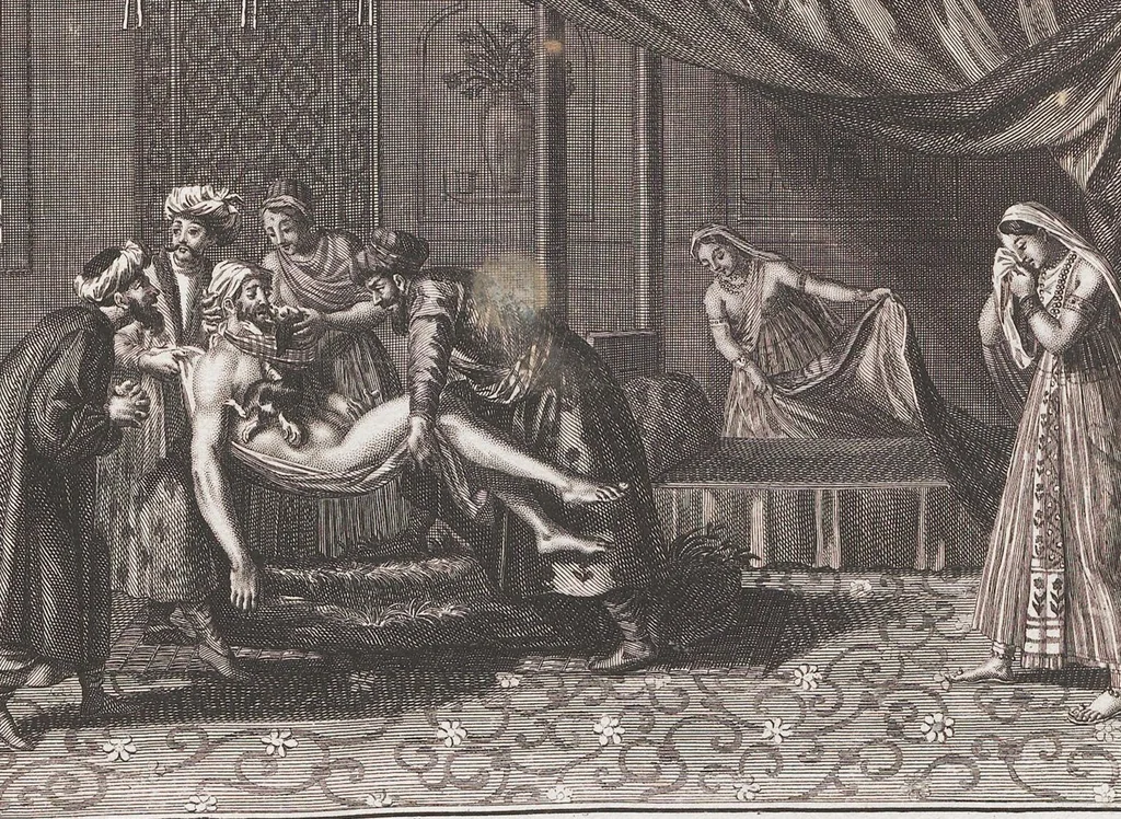 An illustration from Heilige Ceremonien, Gottes und Götzen-Dienste aller Völcker der Welt, Oder Eigentliche Vorstellung und summarischer Begriff, der vornehmsten Gottes-Dienstlichen Pflichten, Kirchen- und Tempel-Gebräuchen, der Christlich- und abgöttischen Völcker der gantzen Welt: Welche Nach des Berühmten Picarts Erfindung in Kupfer gestochen, und verlegt worden, 1748, leaf 233
