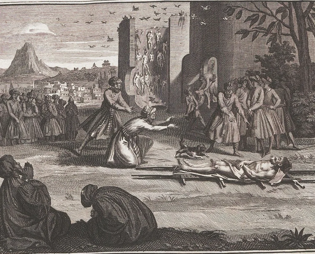 An illustration from Heilige Ceremonien, Gottes und Götzen-Dienste aller Völcker der Welt, Oder Eigentliche Vorstellung und summarischer Begriff, der vornehmsten Gottes-Dienstlichen Pflichten, Kirchen- und Tempel-Gebräuchen, der Christlich- und abgöttischen Völcker der gantzen Welt: Welche Nach des Berühmten Picarts Erfindung in Kupfer gestochen, und verlegt worden, 1748, leaf 233
