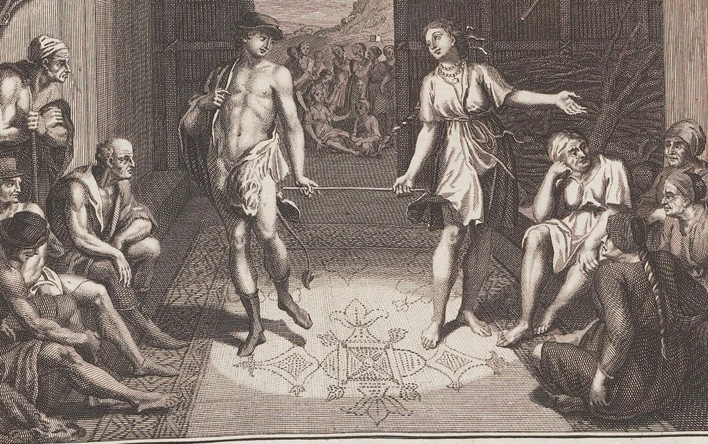 An illustration from Heilige Ceremonien, Gottes und Götzen-Dienste aller Völcker der Welt, Oder Eigentliche Vorstellung und summarischer Begriff, der vornehmsten Gottes-Dienstlichen Pflichten, Kirchen- und Tempel-Gebräuchen, der Christlich- und abgöttischen Völcker der gantzen Welt: Welche Nach des Berühmten Picarts Erfindung in Kupfer gestochen, und verlegt worden, 1748, leaf 245
