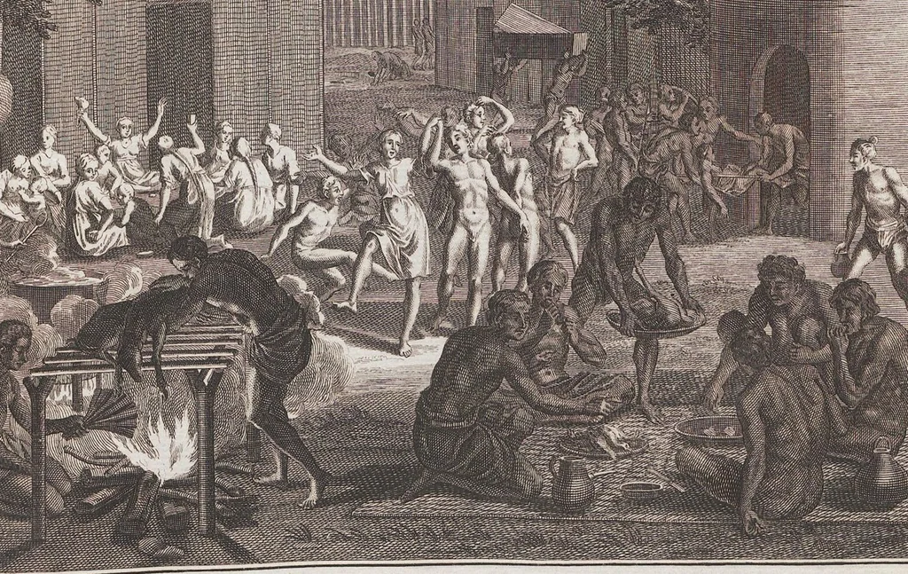 An illustration from Heilige Ceremonien, Gottes und Götzen-Dienste aller Völcker der Welt, Oder Eigentliche Vorstellung und summarischer Begriff, der vornehmsten Gottes-Dienstlichen Pflichten, Kirchen- und Tempel-Gebräuchen, der Christlich- und abgöttischen Völcker der gantzen Welt: Welche Nach des Berühmten Picarts Erfindung in Kupfer gestochen, und verlegt worden, 1748, leaf 247