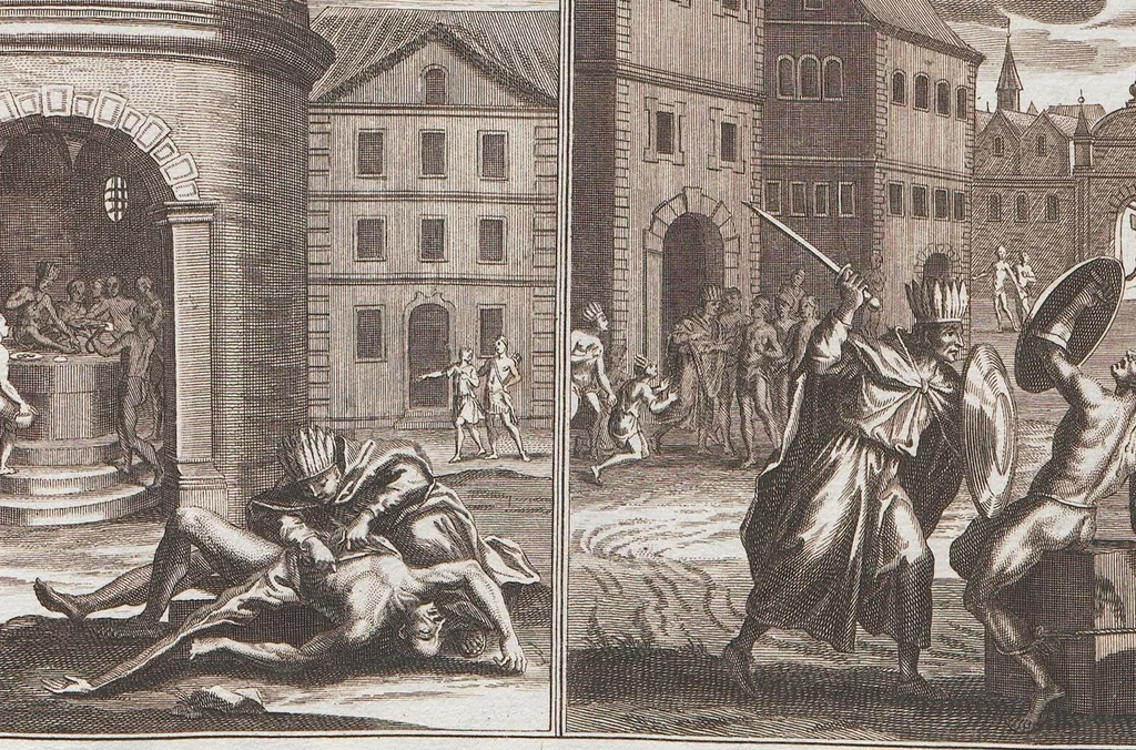 An illustration from Heilige Ceremonien, Gottes und Götzen-Dienste aller Völcker der Welt, Oder Eigentliche Vorstellung und summarischer Begriff, der vornehmsten Gottes-Dienstlichen Pflichten, Kirchen- und Tempel-Gebräuchen, der Christlich- und abgöttischen Völcker der gantzen Welt: Welche Nach des Berühmten Picarts Erfindung in Kupfer gestochen, und verlegt worden, 1748, leaf 257