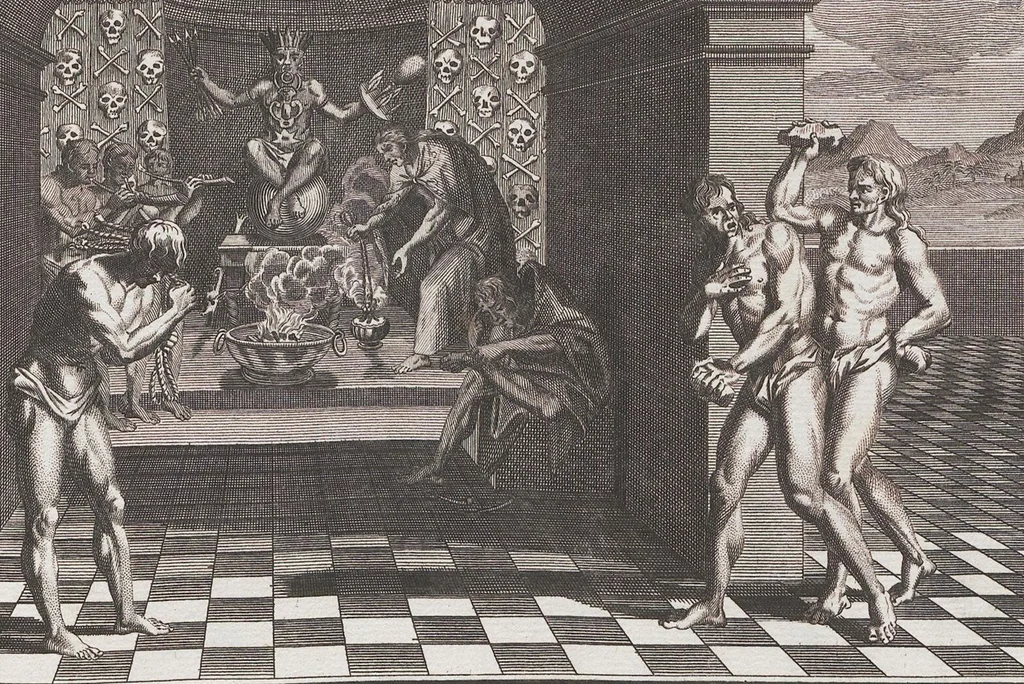 An illustration from Heilige Ceremonien, Gottes und Götzen-Dienste aller Völcker der Welt, Oder Eigentliche Vorstellung und summarischer Begriff, der vornehmsten Gottes-Dienstlichen Pflichten, Kirchen- und Tempel-Gebräuchen, der Christlich- und abgöttischen Völcker der gantzen Welt: Welche Nach des Berühmten Picarts Erfindung in Kupfer gestochen, und verlegt worden, 1748, leaf 258