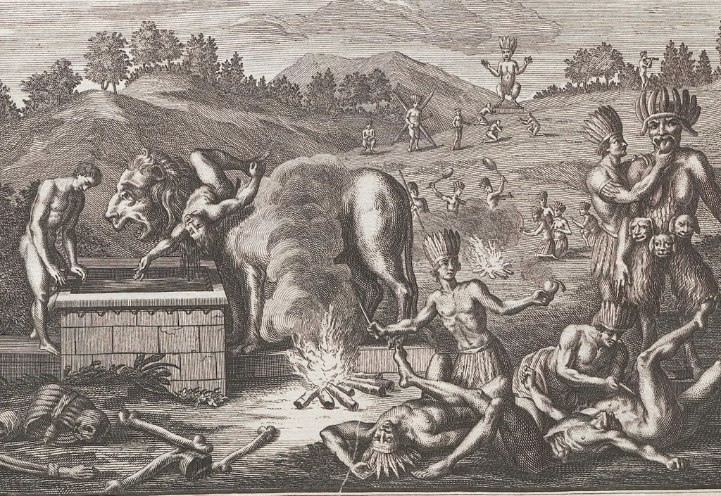An illustration from Heilige Ceremonien, Gottes und Götzen-Dienste aller Völcker der Welt, Oder Eigentliche Vorstellung und summarischer Begriff, der vornehmsten Gottes-Dienstlichen Pflichten, Kirchen- und Tempel-Gebräuchen, der Christlich- und abgöttischen Völcker der gantzen Welt: Welche Nach des Berühmten Picarts Erfindung in Kupfer gestochen, und verlegt worden, 1748, leaf 264