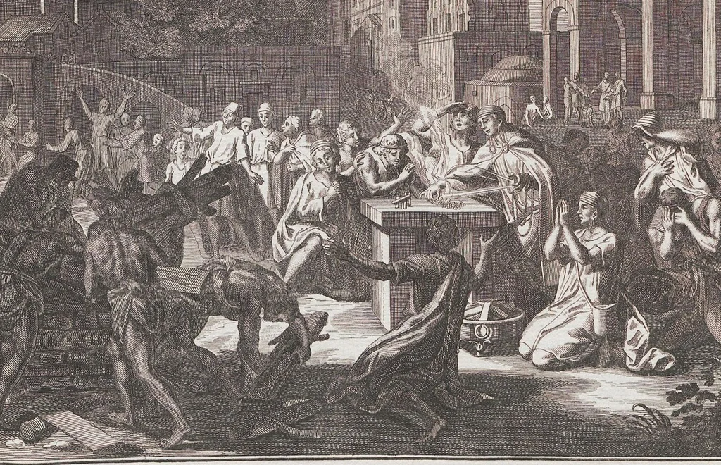 An illustration from Heilige Ceremonien, Gottes und Götzen-Dienste aller Völcker der Welt, Oder Eigentliche Vorstellung und summarischer Begriff, der vornehmsten Gottes-Dienstlichen Pflichten, Kirchen- und Tempel-Gebräuchen, der Christlich- und abgöttischen Völcker der gantzen Welt: Welche Nach des Berühmten Picarts Erfindung in Kupfer gestochen, und verlegt worden, 1748, leaf 270