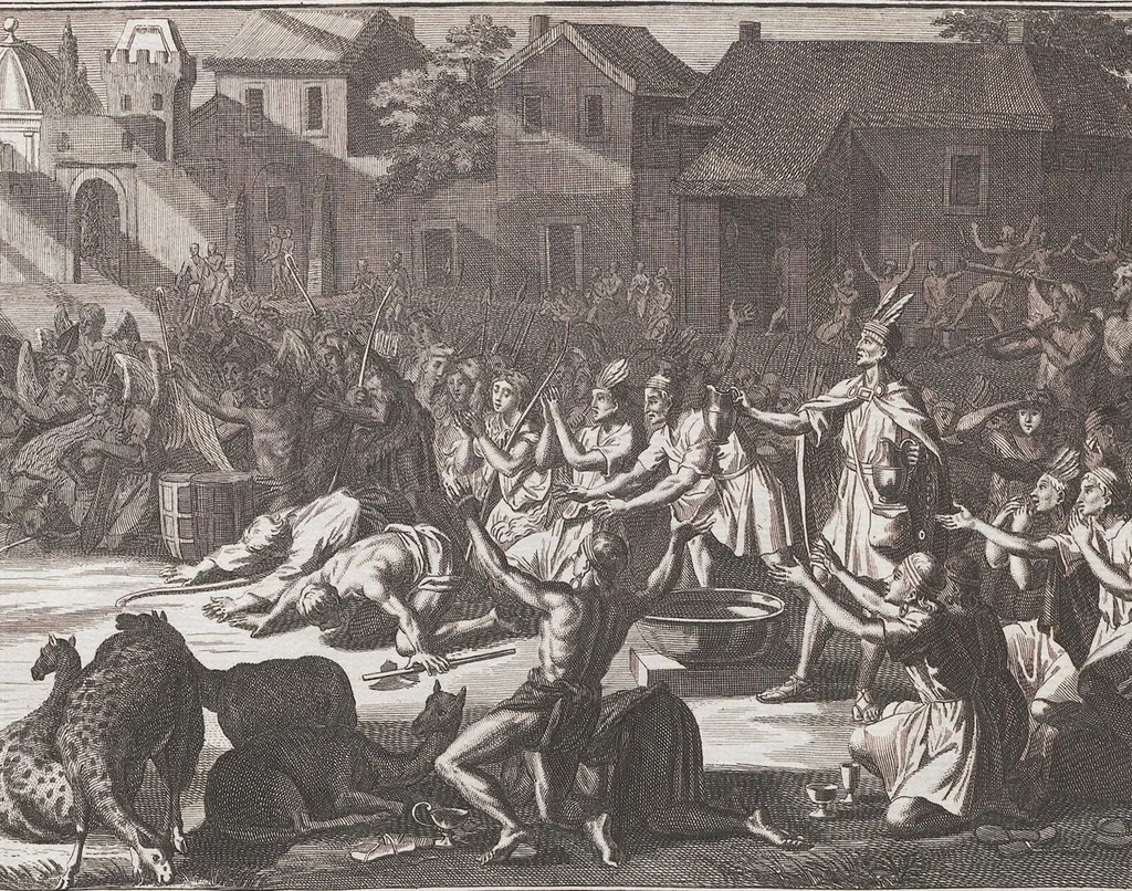 An illustration from Heilige Ceremonien, Gottes und Götzen-Dienste aller Völcker der Welt, Oder Eigentliche Vorstellung und summarischer Begriff, der vornehmsten Gottes-Dienstlichen Pflichten, Kirchen- und Tempel-Gebräuchen, der Christlich- und abgöttischen Völcker der gantzen Welt: Welche Nach des Berühmten Picarts Erfindung in Kupfer gestochen, und verlegt worden, 1748, leaf 270