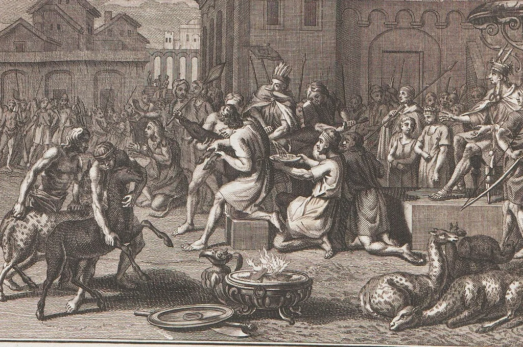 An illustration from Heilige Ceremonien, Gottes und Götzen-Dienste aller Völcker der Welt, Oder Eigentliche Vorstellung und summarischer Begriff, der vornehmsten Gottes-Dienstlichen Pflichten, Kirchen- und Tempel-Gebräuchen, der Christlich- und abgöttischen Völcker der gantzen Welt: Welche Nach des Berühmten Picarts Erfindung in Kupfer gestochen, und verlegt worden, 1748, leaf 271