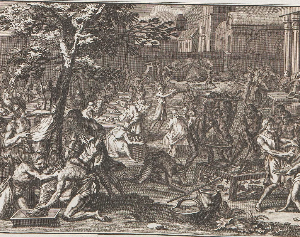An illustration from Heilige Ceremonien, Gottes und Götzen-Dienste aller Völcker der Welt, Oder Eigentliche Vorstellung und summarischer Begriff, der vornehmsten Gottes-Dienstlichen Pflichten, Kirchen- und Tempel-Gebräuchen, der Christlich- und abgöttischen Völcker der gantzen Welt: Welche Nach des Berühmten Picarts Erfindung in Kupfer gestochen, und verlegt worden, 1748, leaf 271