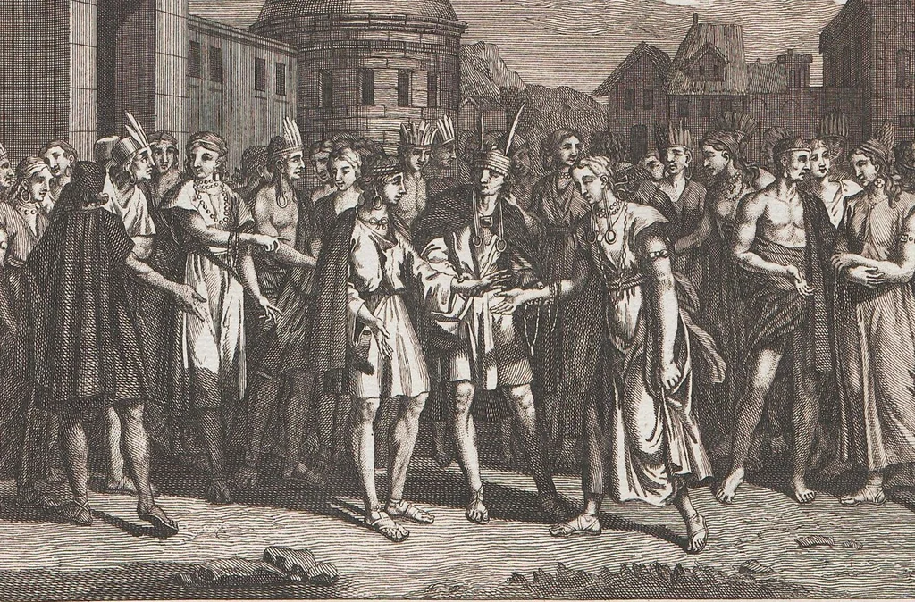 An illustration from Heilige Ceremonien, Gottes und Götzen-Dienste aller Völcker der Welt, Oder Eigentliche Vorstellung und summarischer Begriff, der vornehmsten Gottes-Dienstlichen Pflichten, Kirchen- und Tempel-Gebräuchen, der Christlich- und abgöttischen Völcker der gantzen Welt: Welche Nach des Berühmten Picarts Erfindung in Kupfer gestochen, und verlegt worden, 1748, leaf 273