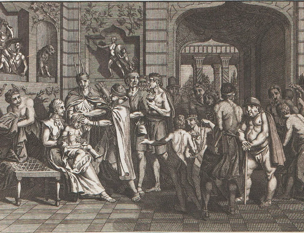 An illustration from Heilige Ceremonien, Gottes und Götzen-Dienste aller Völcker der Welt, Oder Eigentliche Vorstellung und summarischer Begriff, der vornehmsten Gottes-Dienstlichen Pflichten, Kirchen- und Tempel-Gebräuchen, der Christlich- und abgöttischen Völcker der gantzen Welt: Welche Nach des Berühmten Picarts Erfindung in Kupfer gestochen, und verlegt worden, 1748, leaf 273