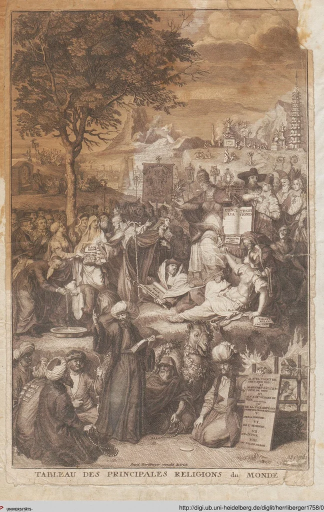 An illustration from Heilige Ceremonien, Gottes und Götzen-Dienste aller Völcker der Welt, Oder Eigentliche Vorstellung und summarischer Begriff, der vornehmsten Gottes-Dienstlichen Pflichten, Kirchen- und Tempel-Gebräuchen, der Christlich- und abgöttischen Völcker der gantzen Welt: Welche Nach des Berühmten Picarts Erfindung in Kupfer gestochen, und verlegt worden, 1748, leaf 4