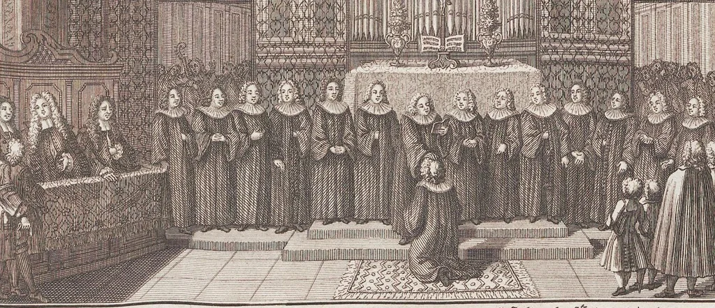 An illustration from Heilige Ceremonien, Gottes und Götzen-Dienste aller Völcker der Welt, Oder Eigentliche Vorstellung und summarischer Begriff, der vornehmsten Gottes-Dienstlichen Pflichten, Kirchen- und Tempel-Gebräuchen, der Christlich- und abgöttischen Völcker der gantzen Welt: Welche Nach des Berühmten Picarts Erfindung in Kupfer gestochen, und verlegt worden, 1748, leaf 50