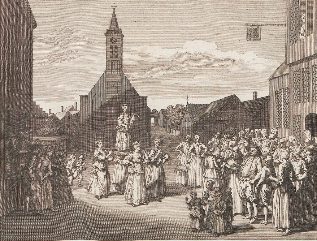 An illustration from Heilige Ceremonien, Gottes und Götzen-Dienste aller Völcker der Welt, Oder Eigentliche Vorstellung und summarischer Begriff, der vornehmsten Gottes-Dienstlichen Pflichten, Kirchen- und Tempel-Gebräuchen, der Christlich- und abgöttischen Völcker der gantzen Welt: Welche Nach des Berühmten Picarts Erfindung in Kupfer gestochen, und verlegt worden, 1748, leaf 51