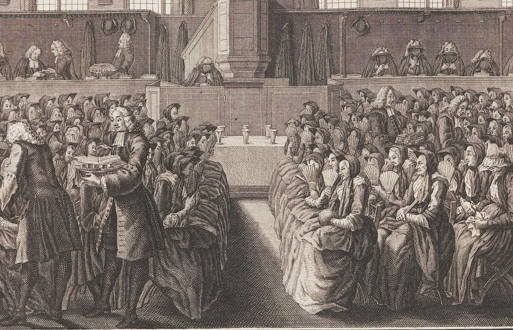 An illustration from Heilige Ceremonien, Gottes und Götzen-Dienste aller Völcker der Welt, Oder Eigentliche Vorstellung und summarischer Begriff, der vornehmsten Gottes-Dienstlichen Pflichten, Kirchen- und Tempel-Gebräuchen, der Christlich- und abgöttischen Völcker der gantzen Welt: Welche Nach des Berühmten Picarts Erfindung in Kupfer gestochen, und verlegt worden, 1748, leaf 68