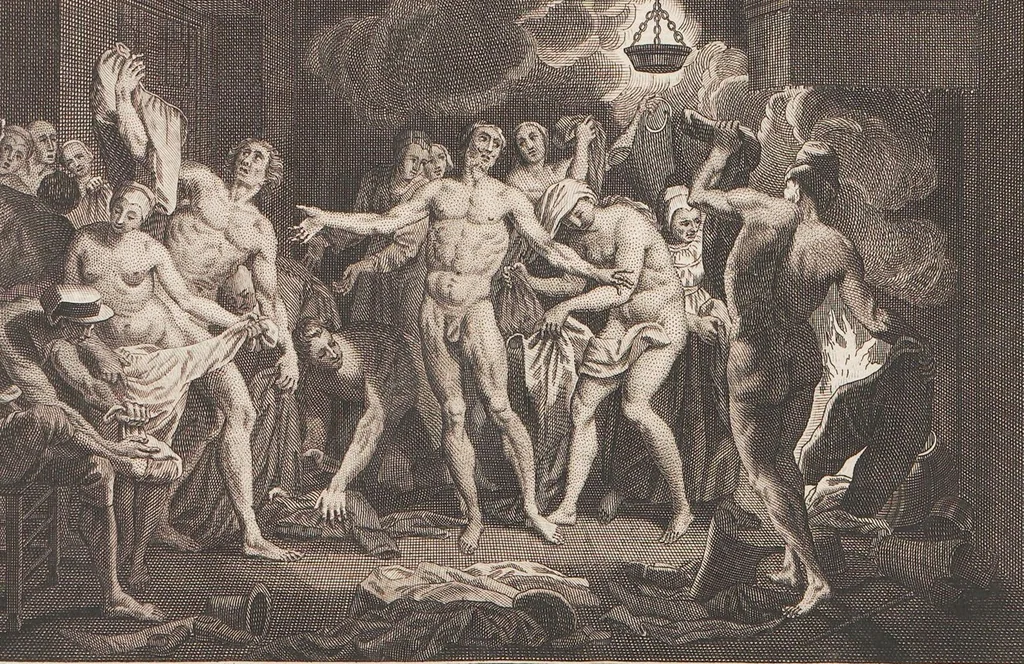 An illustration from Heilige Ceremonien, Gottes und Götzen-Dienste aller Völcker der Welt, Oder Eigentliche Vorstellung und summarischer Begriff, der vornehmsten Gottes-Dienstlichen Pflichten, Kirchen- und Tempel-Gebräuchen, der Christlich- und abgöttischen Völcker der gantzen Welt: Welche Nach des Berühmten Picarts Erfindung in Kupfer gestochen, und verlegt worden, 1748, leaf 69