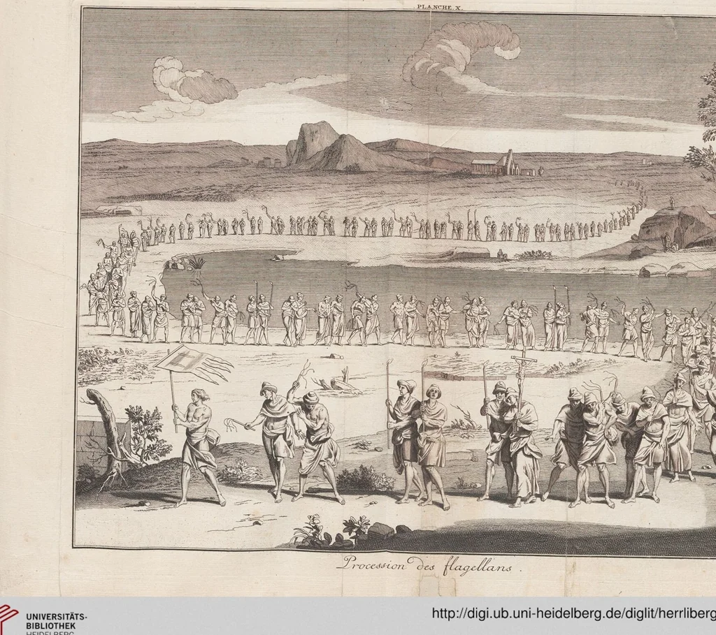 An illustration from Heilige Ceremonien, Gottes und Götzen-Dienste aller Völcker der Welt, Oder Eigentliche Vorstellung und summarischer Begriff, der vornehmsten Gottes-Dienstlichen Pflichten, Kirchen- und Tempel-Gebräuchen, der Christlich- und abgöttischen Völcker der gantzen Welt: Welche Nach des Berühmten Picarts Erfindung in Kupfer gestochen, und verlegt worden, 1748, leaf 70