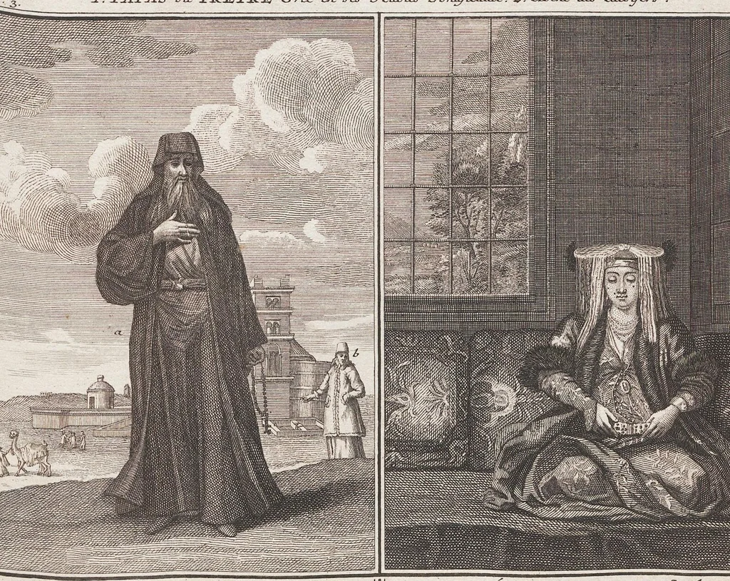An illustration from Heilige Ceremonien, Gottes und Götzen-Dienste aller Völcker der Welt, Oder Eigentliche Vorstellung und summarischer Begriff, der vornehmsten Gottes-Dienstlichen Pflichten, Kirchen- und Tempel-Gebräuchen, der Christlich- und abgöttischen Völcker der gantzen Welt: Welche Nach des Berühmten Picarts Erfindung in Kupfer gestochen, und verlegt worden, 1748, leaf 75