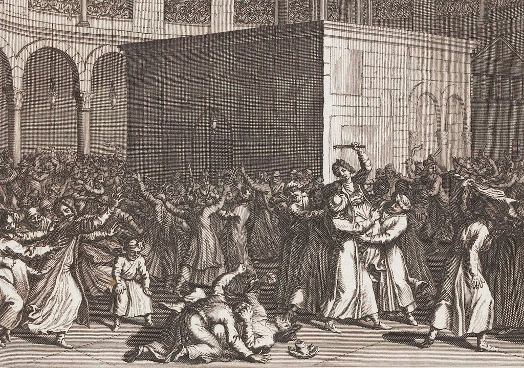 An illustration from Heilige Ceremonien, Gottes und Götzen-Dienste aller Völcker der Welt, Oder Eigentliche Vorstellung und summarischer Begriff, der vornehmsten Gottes-Dienstlichen Pflichten, Kirchen- und Tempel-Gebräuchen, der Christlich- und abgöttischen Völcker der gantzen Welt: Welche Nach des Berühmten Picarts Erfindung in Kupfer gestochen, und verlegt worden, 1748, leaf 77
