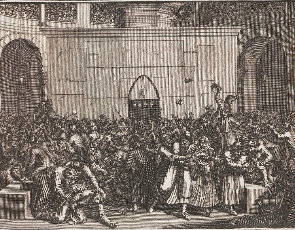 An illustration from Heilige Ceremonien, Gottes und Götzen-Dienste aller Völcker der Welt, Oder Eigentliche Vorstellung und summarischer Begriff, der vornehmsten Gottes-Dienstlichen Pflichten, Kirchen- und Tempel-Gebräuchen, der Christlich- und abgöttischen Völcker der gantzen Welt: Welche Nach des Berühmten Picarts Erfindung in Kupfer gestochen, und verlegt worden, 1748, leaf 77
