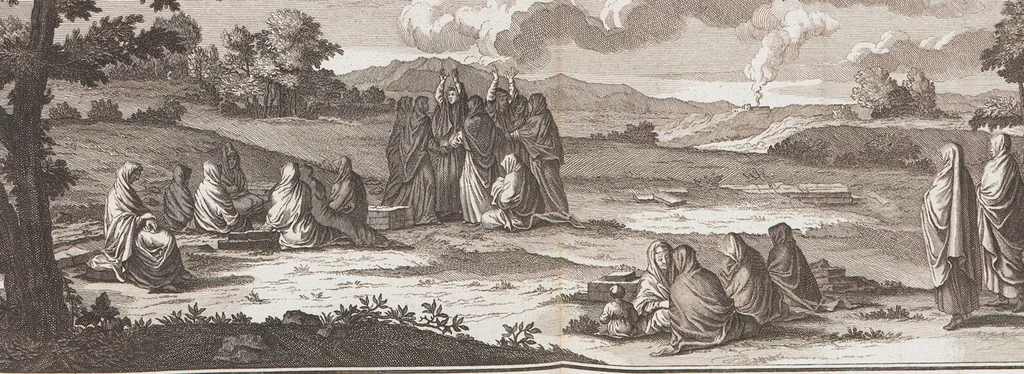 An illustration from Heilige Ceremonien, Gottes und Götzen-Dienste aller Völcker der Welt, Oder Eigentliche Vorstellung und summarischer Begriff, der vornehmsten Gottes-Dienstlichen Pflichten, Kirchen- und Tempel-Gebräuchen, der Christlich- und abgöttischen Völcker der gantzen Welt: Welche Nach des Berühmten Picarts Erfindung in Kupfer gestochen, und verlegt worden, 1748, leaf 78