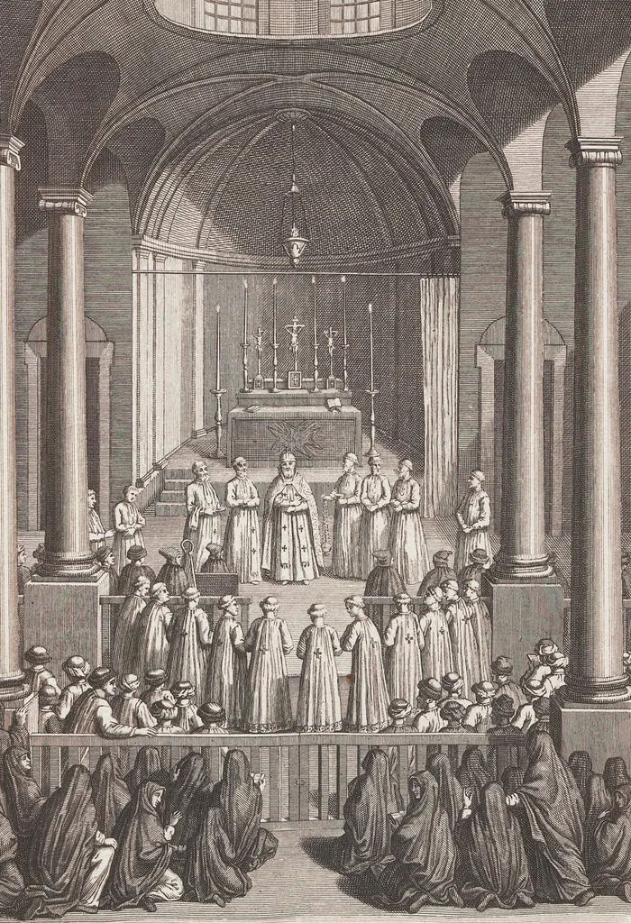 An illustration from Heilige Ceremonien, Gottes und Götzen-Dienste aller Völcker der Welt, Oder Eigentliche Vorstellung und summarischer Begriff, der vornehmsten Gottes-Dienstlichen Pflichten, Kirchen- und Tempel-Gebräuchen, der Christlich- und abgöttischen Völcker der gantzen Welt: Welche Nach des Berühmten Picarts Erfindung in Kupfer gestochen, und verlegt worden, 1748, leaf 80