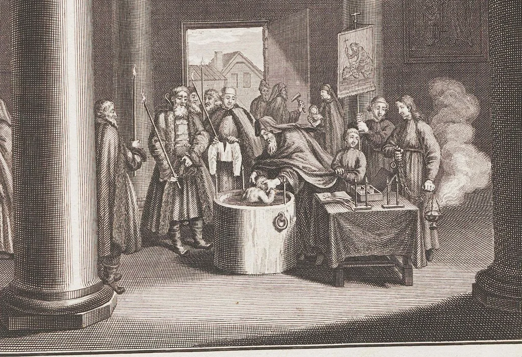 An illustration from Heilige Ceremonien, Gottes und Götzen-Dienste aller Völcker der Welt, Oder Eigentliche Vorstellung und summarischer Begriff, der vornehmsten Gottes-Dienstlichen Pflichten, Kirchen- und Tempel-Gebräuchen, der Christlich- und abgöttischen Völcker der gantzen Welt: Welche Nach des Berühmten Picarts Erfindung in Kupfer gestochen, und verlegt worden, 1748, leaf 83
